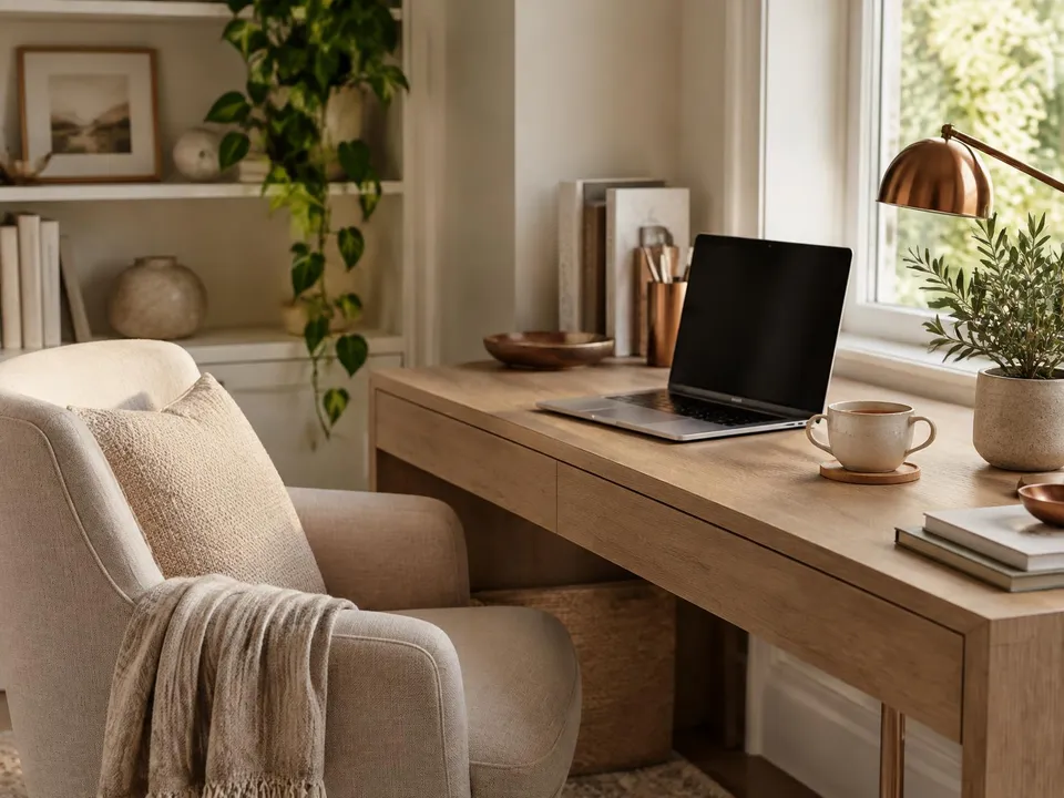 Ambiente reservado com poltrona, mesa de madeira e notebook preparado para uma sessão por videochamada, sob luz natural