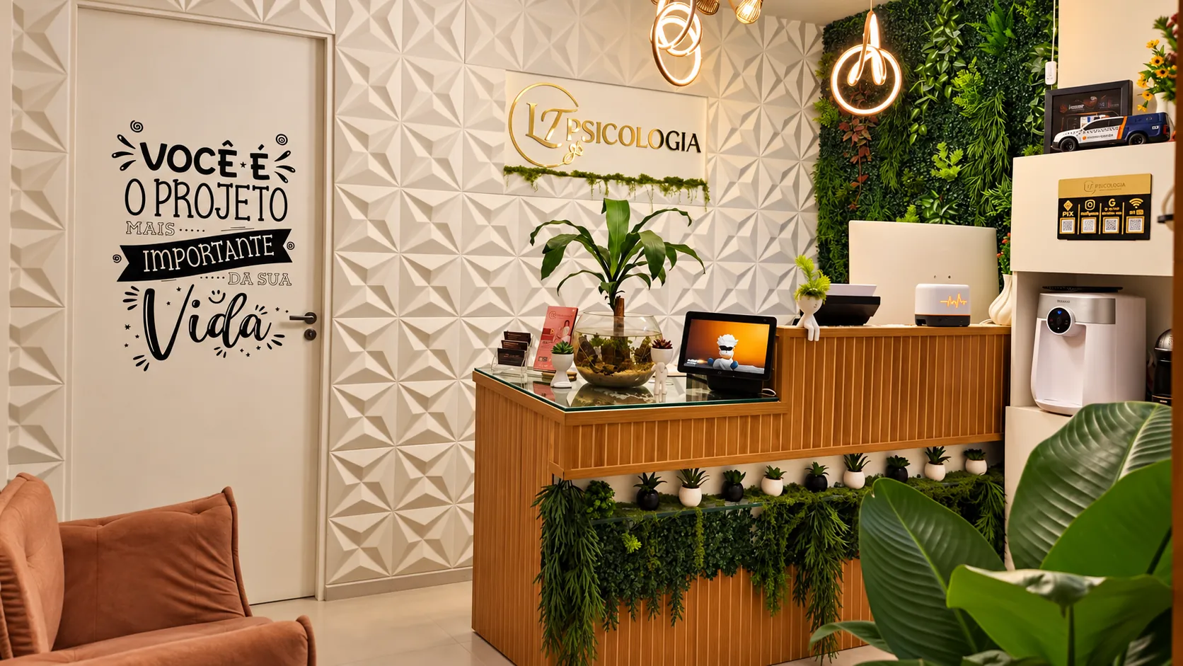 Recepção da LT Psicologia no JK Shopping, com balcão amadeirado, parede 3D com o logotipo e jardim vertical